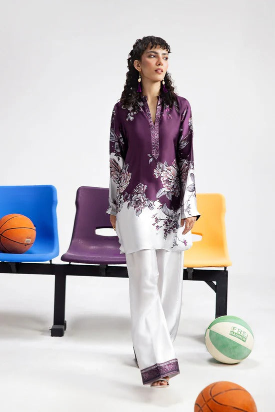 Purple & White Digital Printed Silk 2-Piece Co-ord Set | Shirt & Straight Pants – Stitched Pakistani Casual Chic UK | AP-114 - View 2