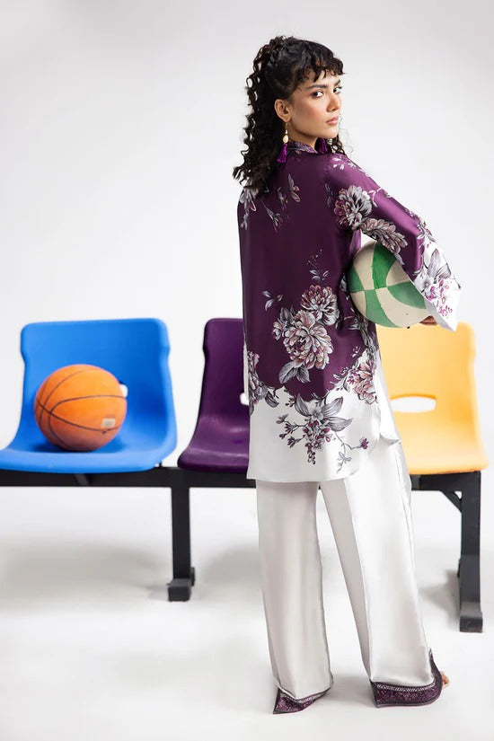 Purple & White Digital Printed Silk 2-Piece Co-ord Set | Shirt & Straight Pants – Stitched Pakistani Casual Chic UK | AP-114 - View 3