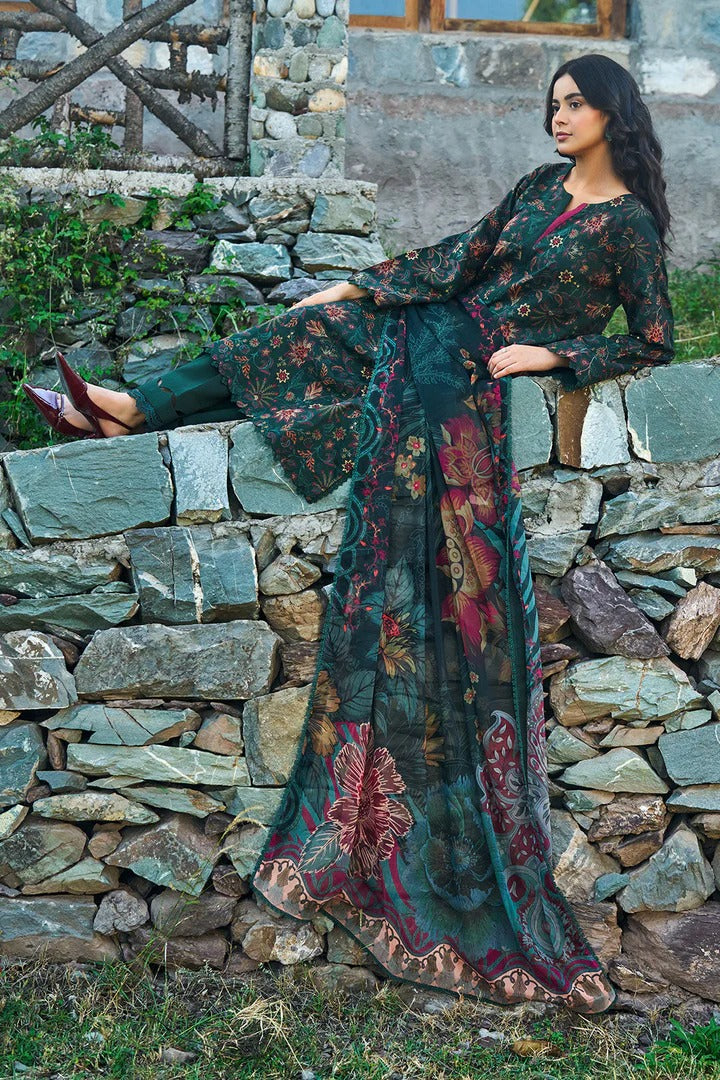 Green Digital Printed Floral Viscose 3-Piece Suit | Scalloped Border & Chiffon Dupatta – Readymade Pakistani Winter Dress UK | Viscose Vol 7 J-703 - View 7