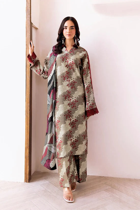 Cream & Grey Digital Printed Shamoz Silk 3-Piece Suit | Matching Trouser & Silk Dupatta – Ready to Wear Pakistani Semi-Formal Dress UK | AR-203 - View 1