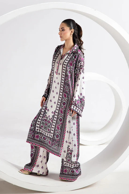 White Digital Printed Silk 2-Piece Co-ord Set | Kurta & Straight Pants – Stitched Pakistani Casual Chic UK | AP-103 - View 3