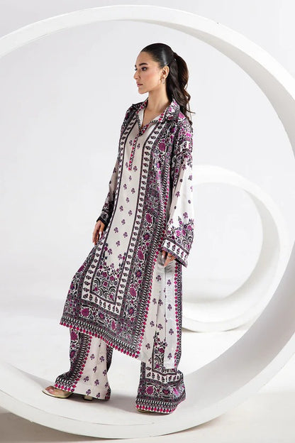 White Digital Printed Silk 2-Piece Co-ord Set | Kurta & Straight Pants – Stitched Pakistani Casual Chic UK | AP-103 - View 3