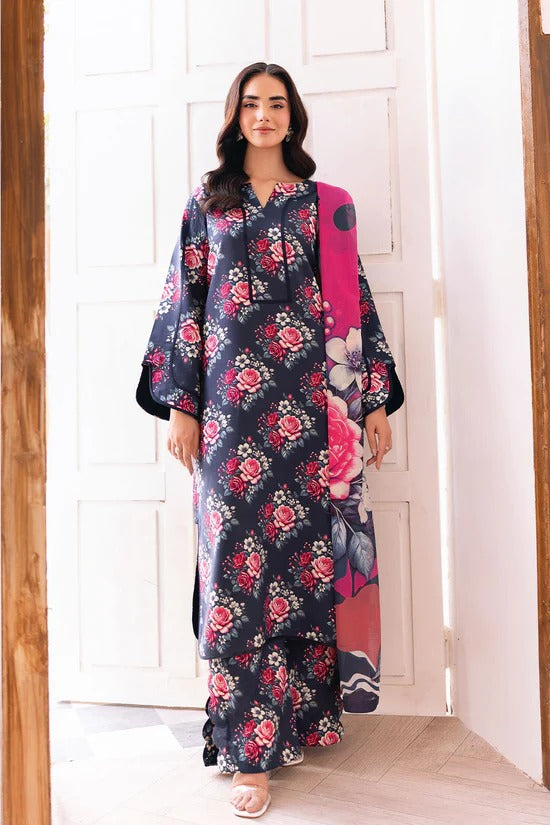Navy Blue Digital Printed Shamoz Silk 3-Piece Suit | Matching Trouser & Silk Dupatta – Readymade Pakistani Semi-Formal Dress UK | AR-204 - View 1