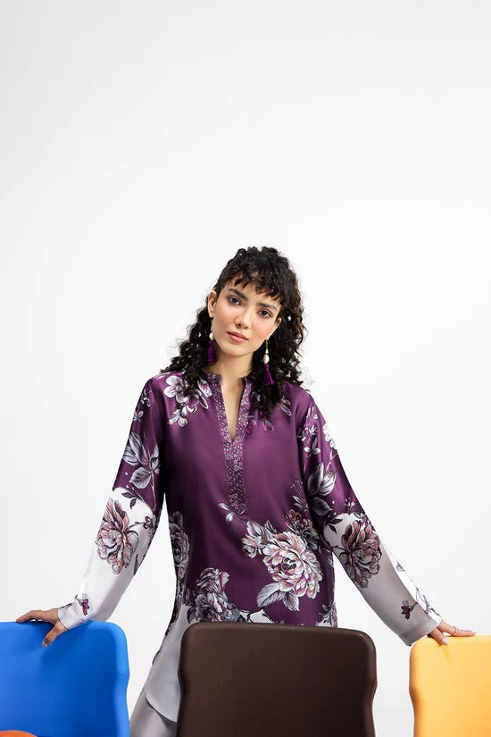 Purple & White Digital Printed Silk 2-Piece Co-ord Set | Shirt & Straight Pants – Stitched Pakistani Casual Chic UK | AP-114 - View 4