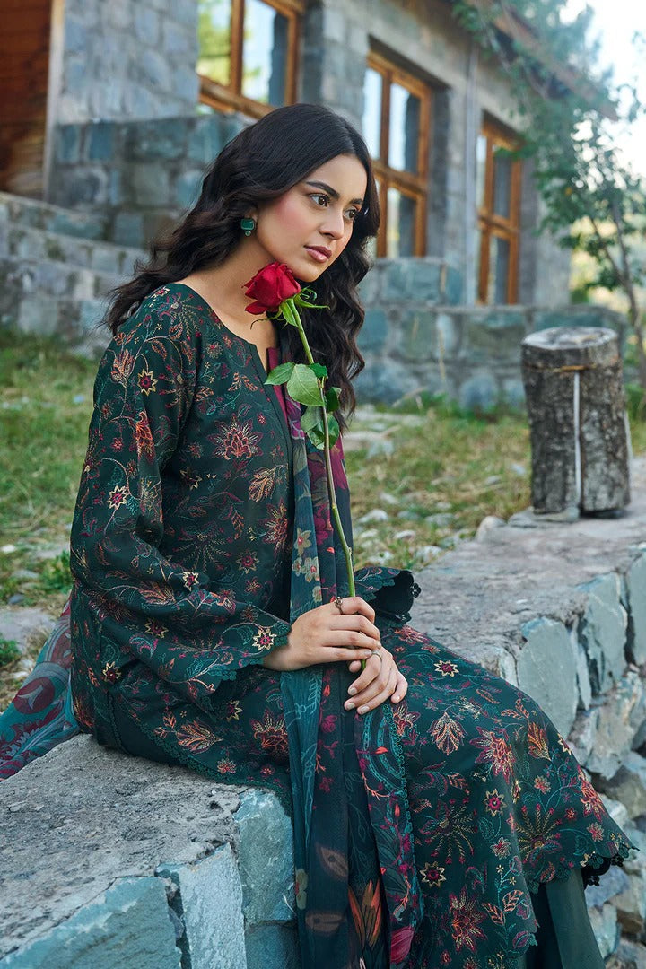 Green Digital Printed Floral Viscose 3-Piece Suit | Scalloped Border & Chiffon Dupatta – Readymade Pakistani Winter Dress UK | Viscose Vol 7 J-703 - View 8