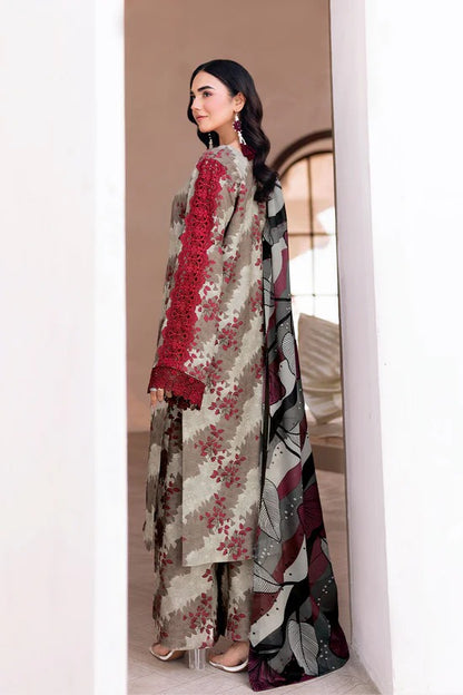 Cream & Grey Digital Printed Shamoz Silk 3-Piece Suit | Matching Trouser & Silk Dupatta – Ready to Wear Pakistani Semi-Formal Dress UK | AR-203 - View 2