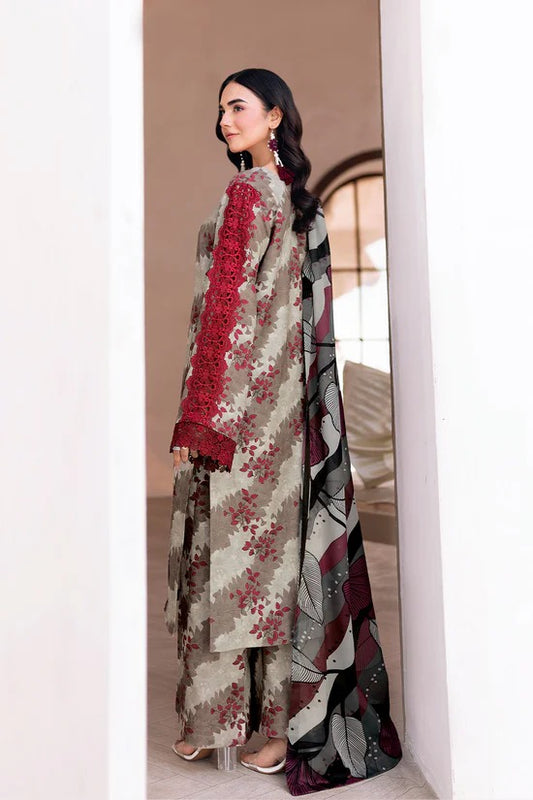 Cream & Grey Digital Printed Shamoz Silk 3-Piece Suit | Matching Trouser & Silk Dupatta – Ready to Wear Pakistani Semi-Formal Dress UK | AR-203 - View 2