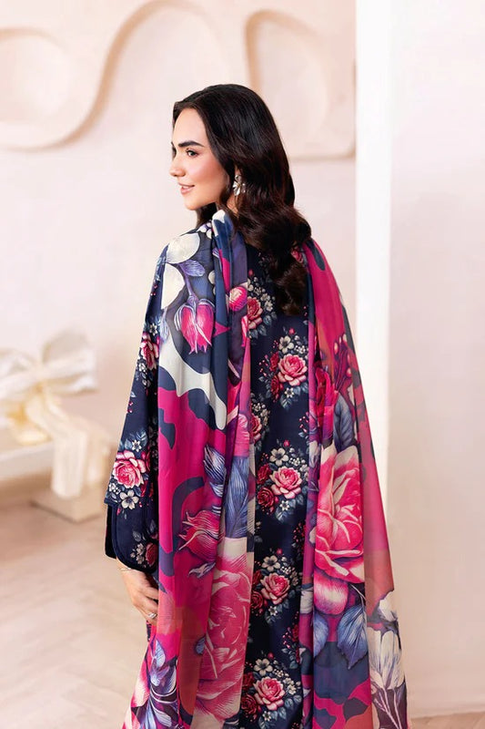 Navy Blue Digital Printed Shamoz Silk 3-Piece Suit | Matching Trouser & Silk Dupatta – Readymade Pakistani Semi-Formal Dress UK | AR-204 - View 2