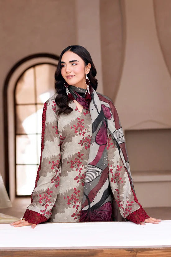Cream & Grey Digital Printed Shamoz Silk 3-Piece Suit | Matching Trouser & Silk Dupatta – Ready to Wear Pakistani Semi-Formal Dress UK | AR-203 - View 3