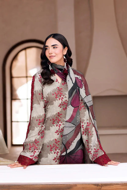 Cream & Grey Digital Printed Shamoz Silk 3-Piece Suit | Matching Trouser & Silk Dupatta – Ready to Wear Pakistani Semi-Formal Dress UK | AR-203 - View 3