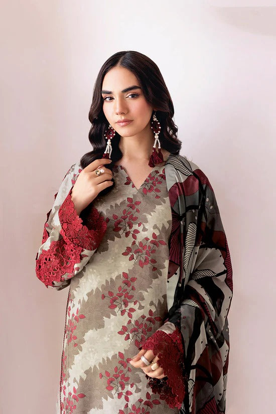 Cream & Grey Digital Printed Shamoz Silk 3-Piece Suit | Matching Trouser & Silk Dupatta – Ready to Wear Pakistani Semi-Formal Dress UK | AR-203 - View 4