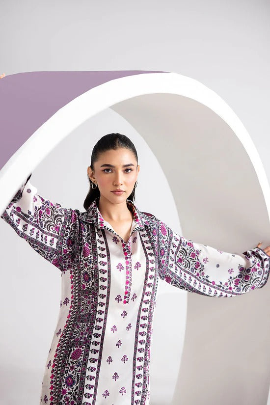 White Digital Printed Silk 2-Piece Co-ord Set | Kurta & Straight Pants – Stitched Pakistani Casual Chic UK | AP-103 - View 6