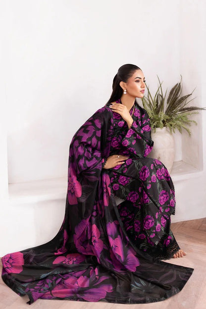 Black & Purple Digital Printed Shamoz Silk 3-Piece Suit | Matching Trouser & Silk Dupatta – Stitched Pakistani Semi-Formal Dress UK | AR-202 - View 5