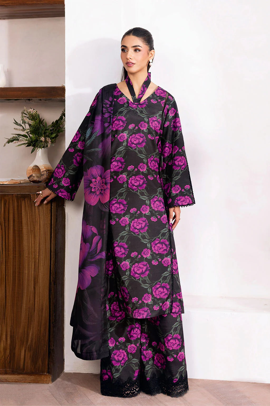 Black & Purple Digital Printed Shamoz Silk 3-Piece Suit | Matching Trouser & Silk Dupatta – Stitched Pakistani Semi-Formal Dress UK | AR-202 - View 1
