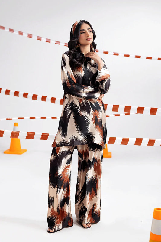 Beige Digital Printed Silk 2-Piece Co-ord Set | Shirt & Straight Pants – Readymade Pakistani Casual Chic UK | AP-116 - View 1