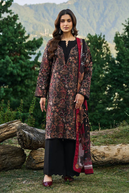 Black Floral Woven Viscose 3-Piece Suit | Red Border Chiffon Dupatta & Trouser – Ready to Wear Pakistani Winter Dress UK | Viscose Vol 7 J-705 - View 5