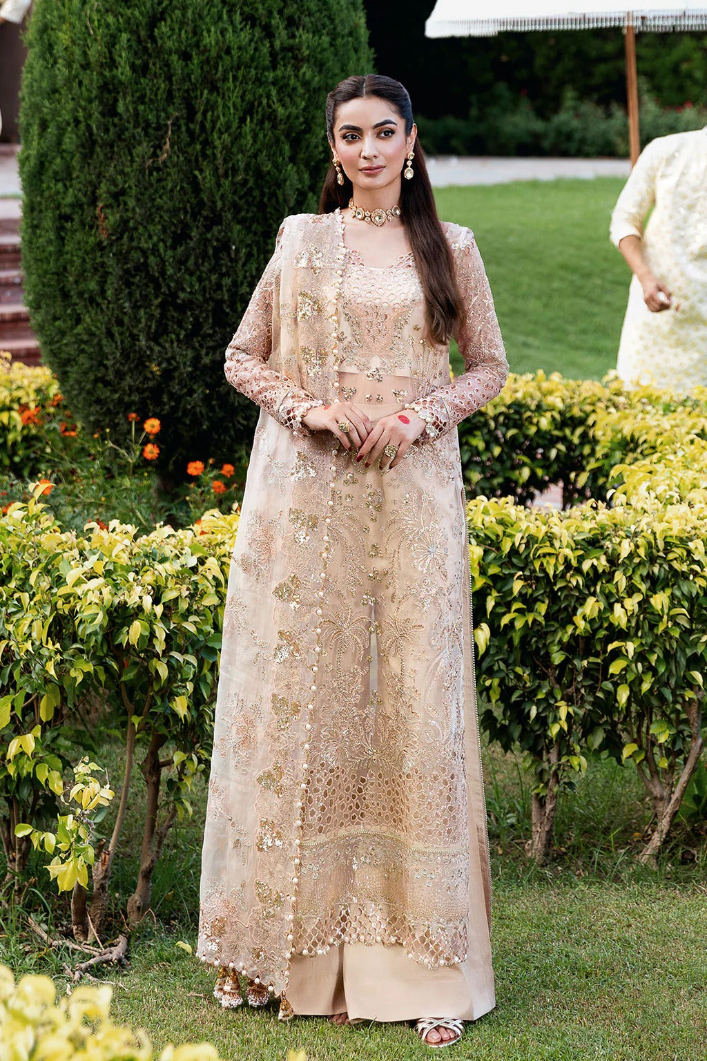 Champagne Embroidered Organza Long Shirt Suit | Raw Silk Straight Trouser & Scalloped Dupatta – Stitched Pakistani Dress UK | Mehfil SF-05 (Sundal) - View 4