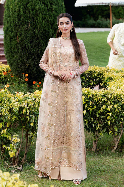 Champagne Embroidered Organza Long Shirt Suit | Raw Silk Straight Trouser & Scalloped Dupatta – Stitched Pakistani Dress UK | Mehfil SF-05 (Sundal) - View 4
