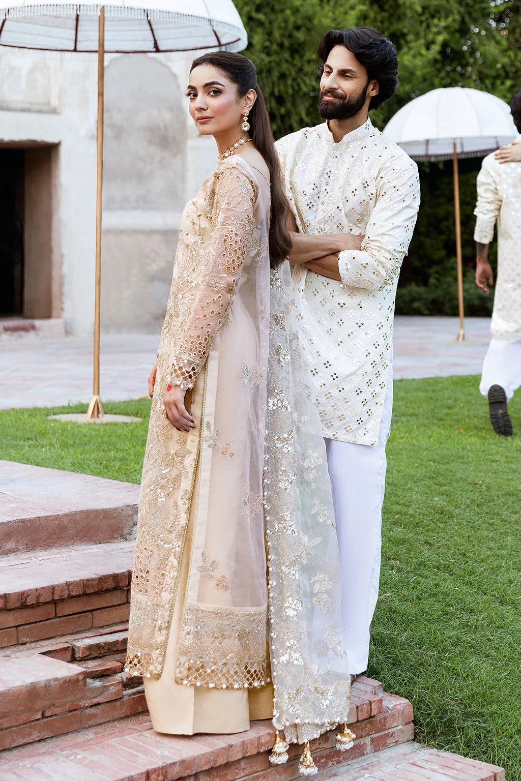 Champagne Embroidered Organza Long Shirt Suit | Raw Silk Straight Trouser & Scalloped Dupatta – Stitched Pakistani Dress UK | Mehfil SF-05 (Sundal) - View 5