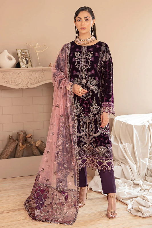 Plum Embroidered Velvet 3-Piece Suit | Net Dupatta & Raw Silk Trouser – Stitched Pakistani Winter Luxury Formal UK | Velvet Vol 5 V-505 - View 1