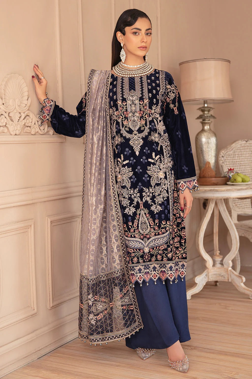 Navy Blue Embroidered Velvet 3-Piece Suit | Jacquard Woven Dupatta & Raw Silk Trouser – Readymade Pakistani Winter Luxury Formal UK | Velvet Vol 5 V-501 - View 1