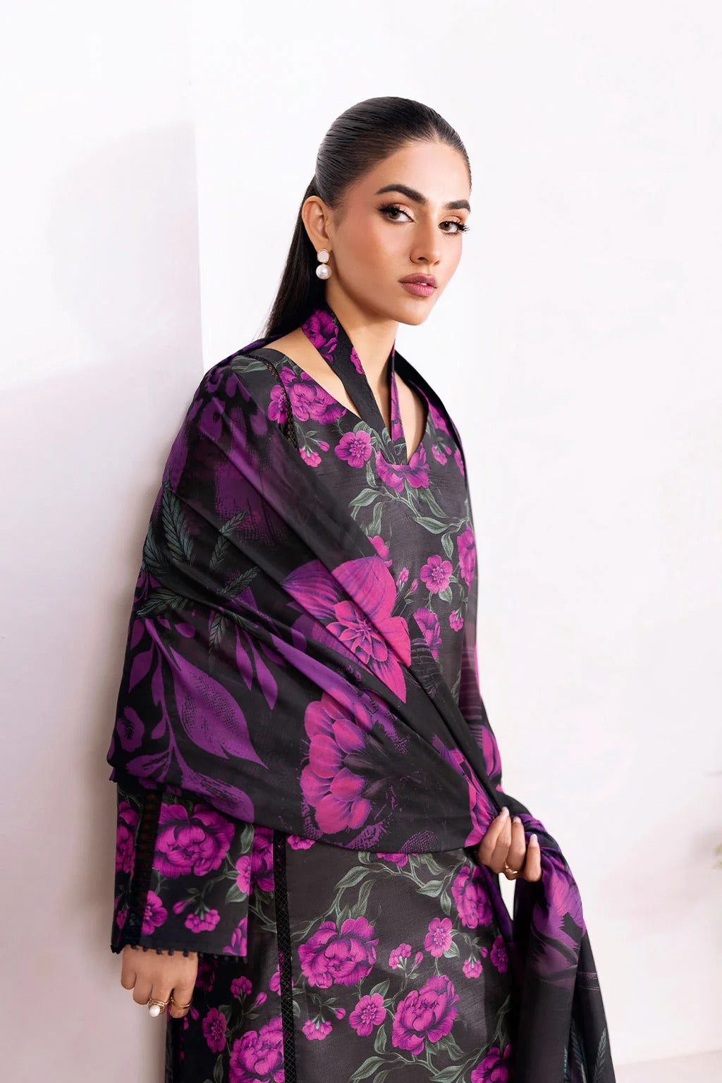 Black & Purple Digital Printed Shamoz Silk 3-Piece Suit | Matching Trouser & Silk Dupatta – Stitched Pakistani Semi-Formal Dress UK | AR-202 - View 2