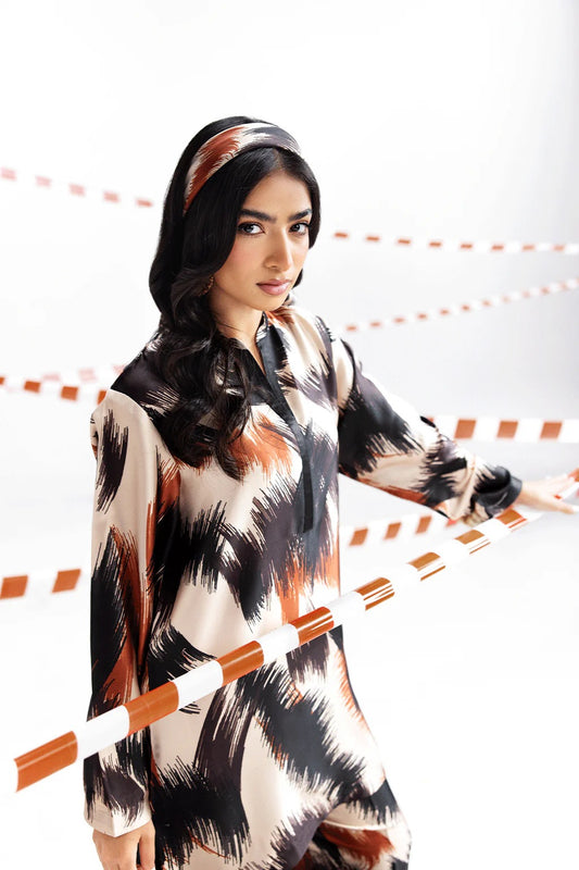 Beige Digital Printed Silk 2-Piece Co-ord Set | Shirt & Straight Pants – Readymade Pakistani Casual Chic UK | AP-116 - View 2
