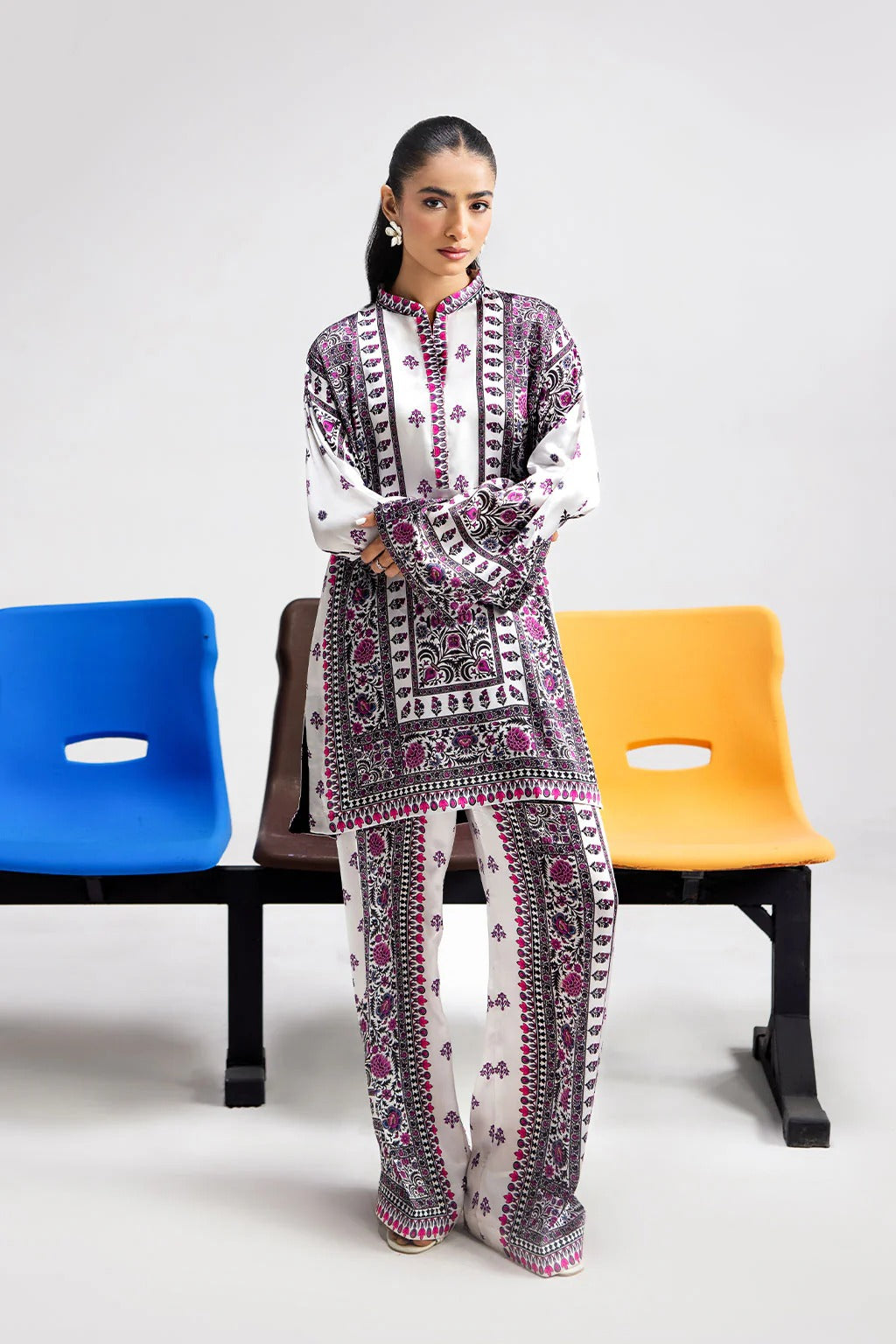 White Digital Printed Silk 2-Piece Co-ord Set | Shirt & Straight Pants – Readymade Pakistani Casual Chic UK | AP-113 - View 1