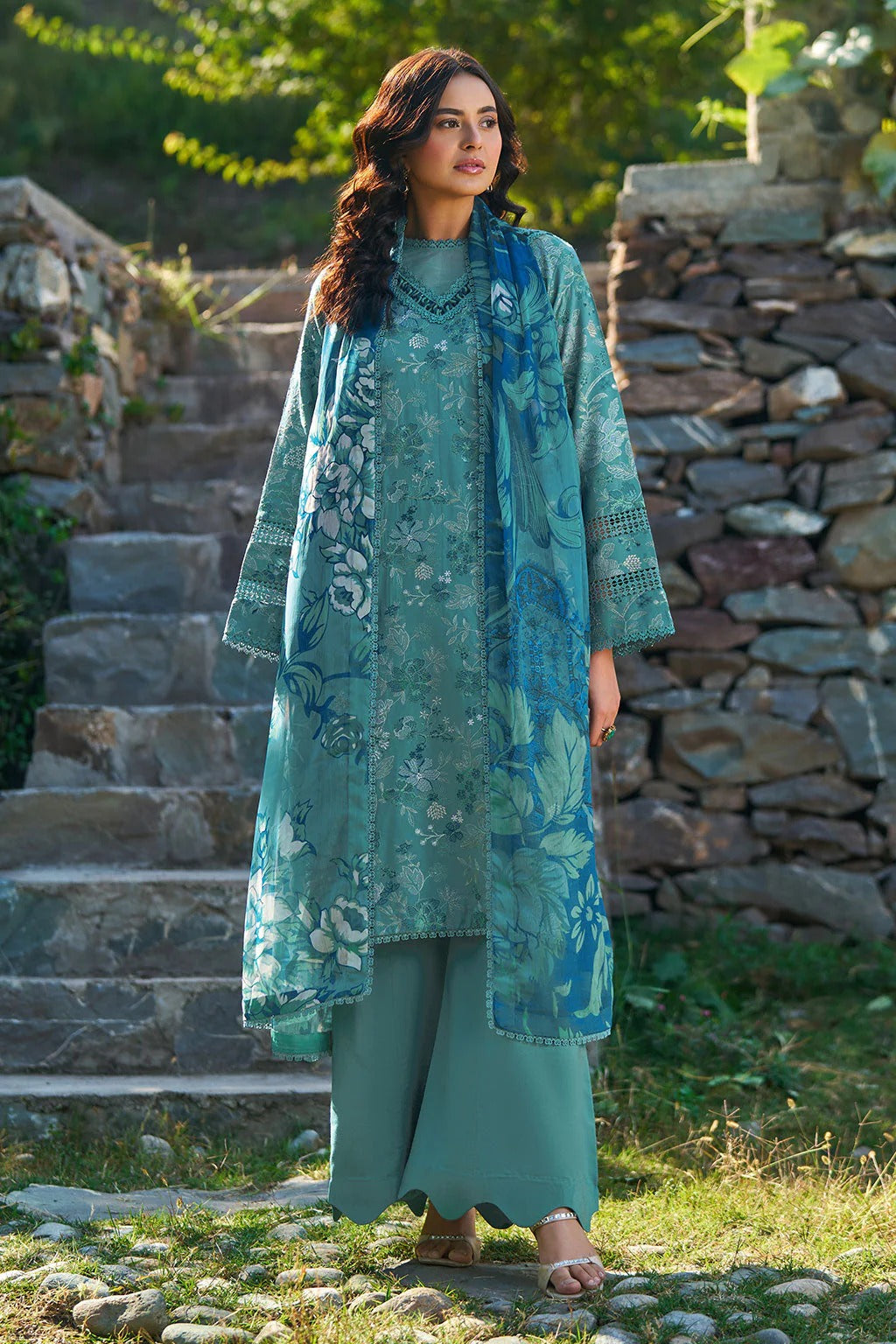 Sea Green Textured Floral Viscose 3-Piece Suit | Lace Trims & Chiffon Dupatta – Stitched Pakistani Winter Casual Dress UK | Viscose Vol 7 J-701 - View 1