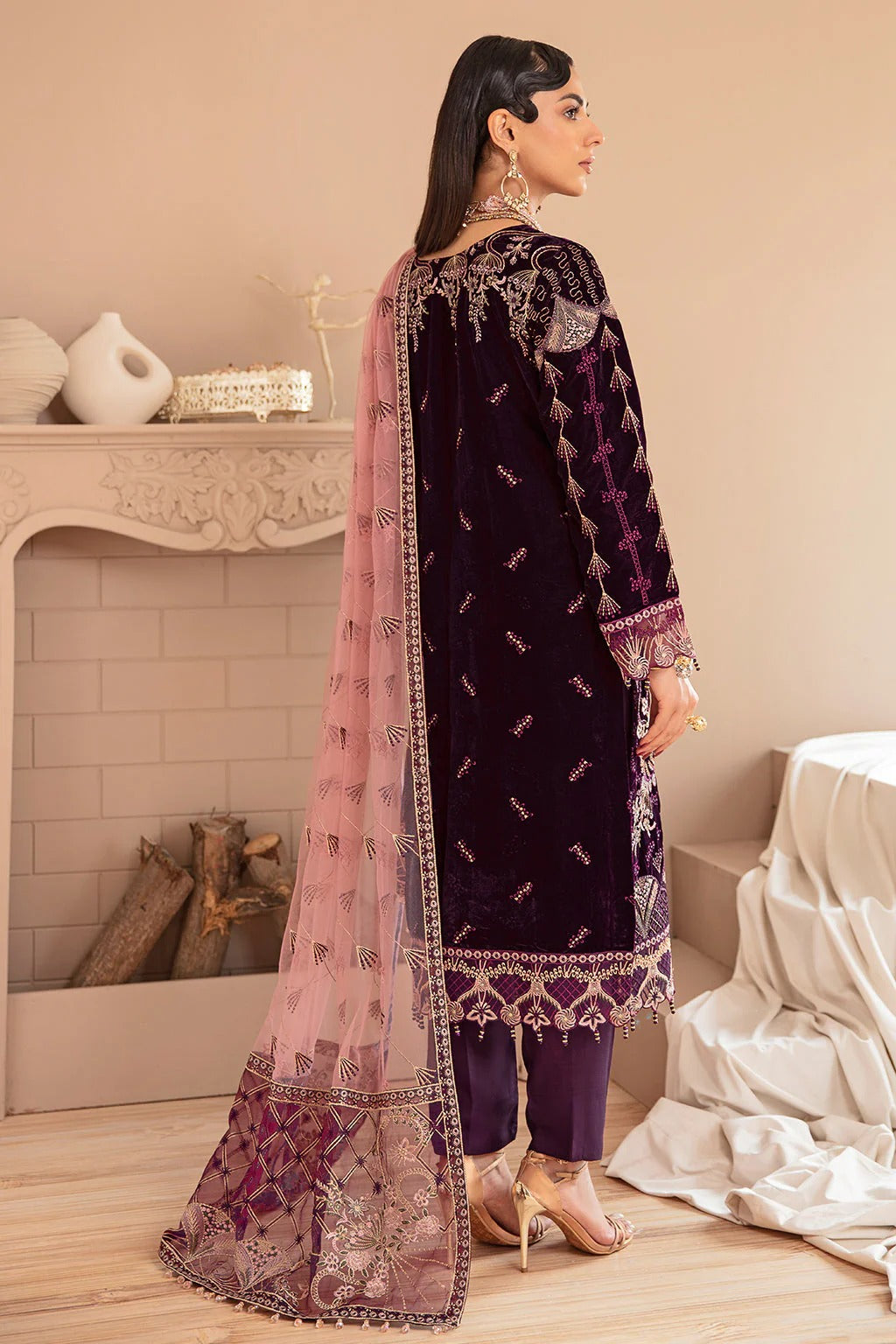Plum Embroidered Velvet 3-Piece Suit | Net Dupatta & Raw Silk Trouser – Stitched Pakistani Winter Luxury Formal UK | Velvet Vol 5 V-505 - View 2
