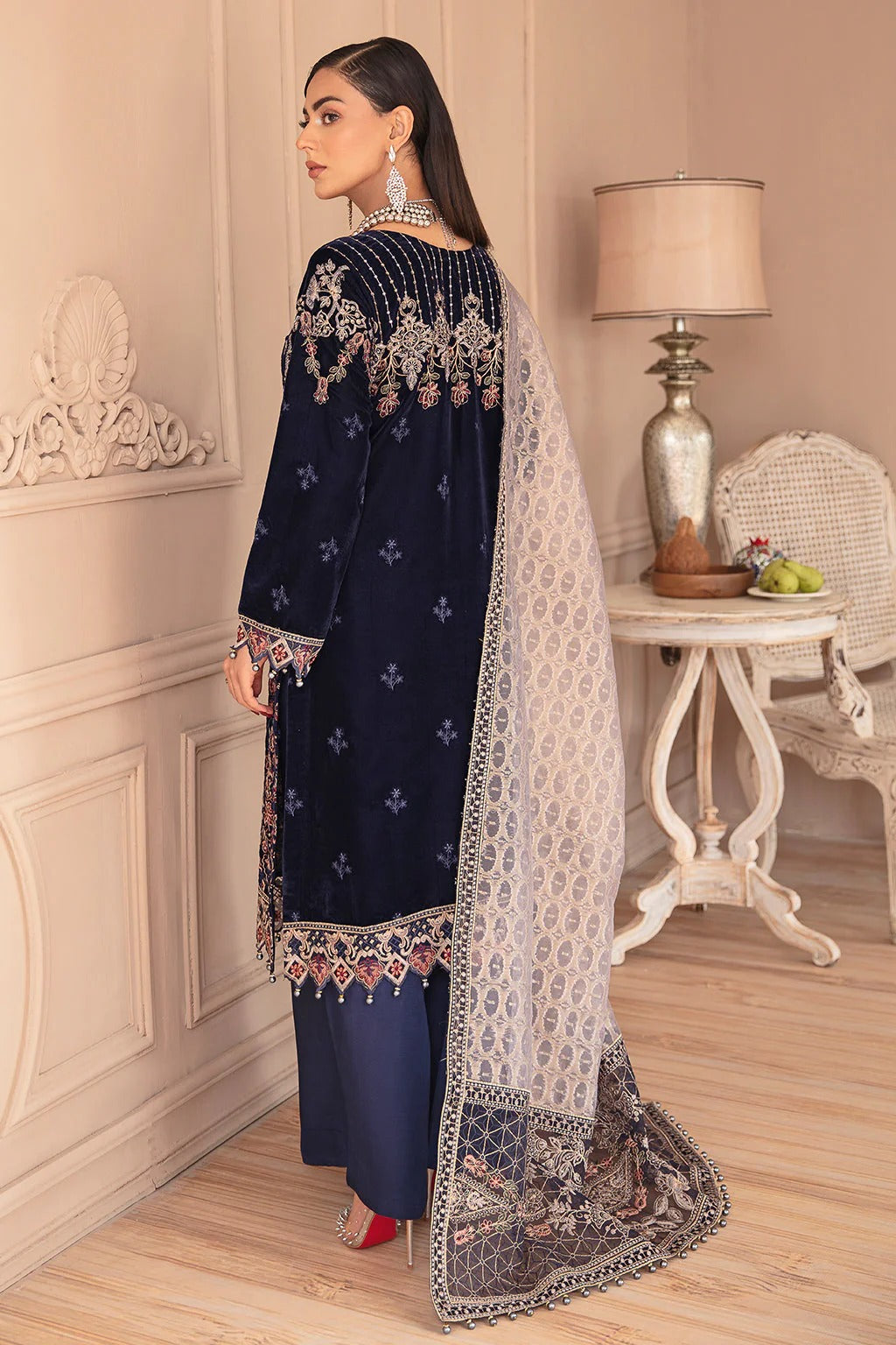 Navy Blue Embroidered Velvet 3-Piece Suit | Jacquard Woven Dupatta & Raw Silk Trouser – Readymade Pakistani Winter Luxury Formal UK | Velvet Vol 5 V-501 - View 2