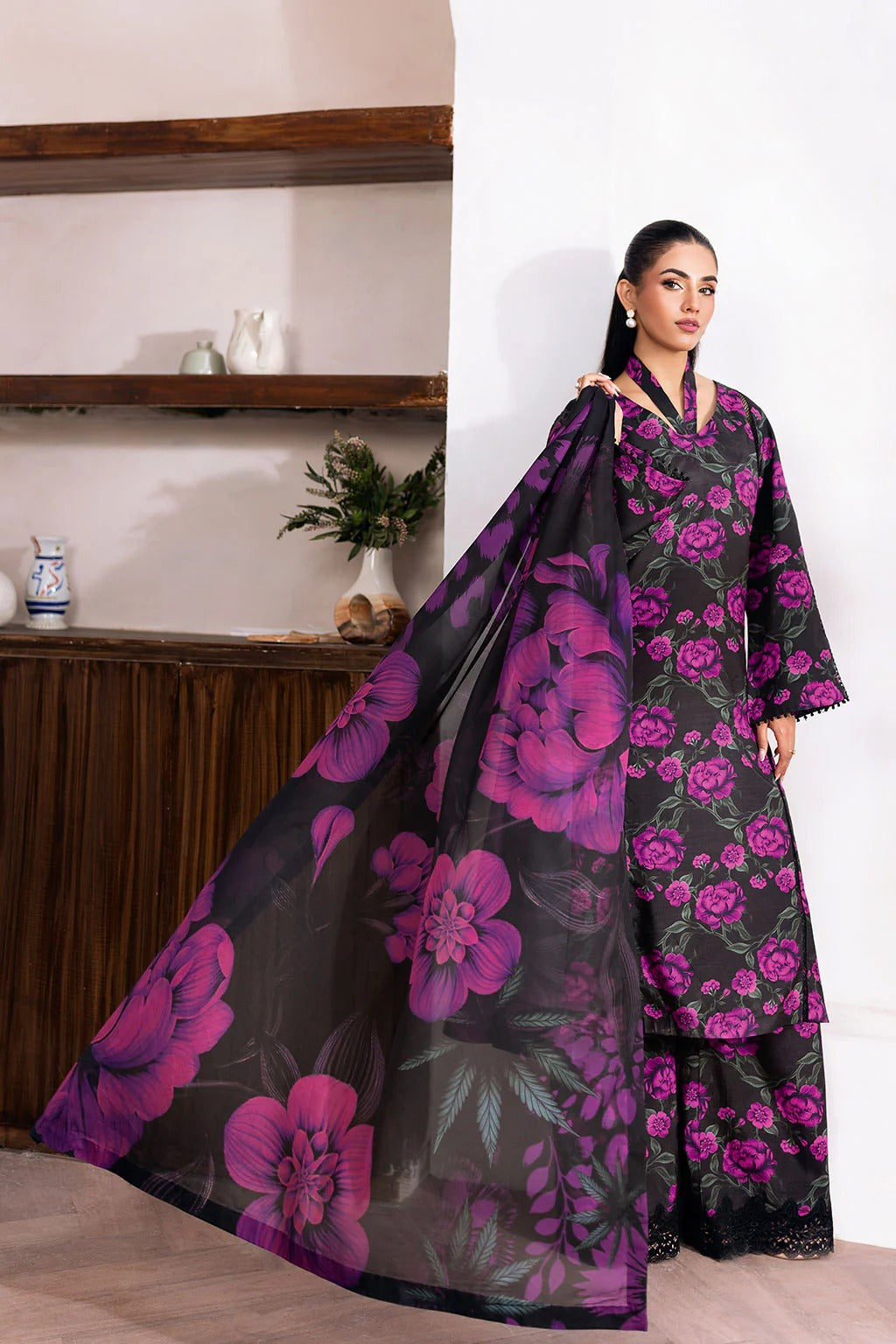 Black & Purple Digital Printed Shamoz Silk 3-Piece Suit | Matching Trouser & Silk Dupatta – Stitched Pakistani Semi-Formal Dress UK | AR-202 - View 3