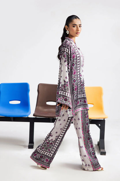 White Digital Printed Silk 2-Piece Co-ord Set | Shirt & Straight Pants – Readymade Pakistani Casual Chic UK | AP-113 - View 2