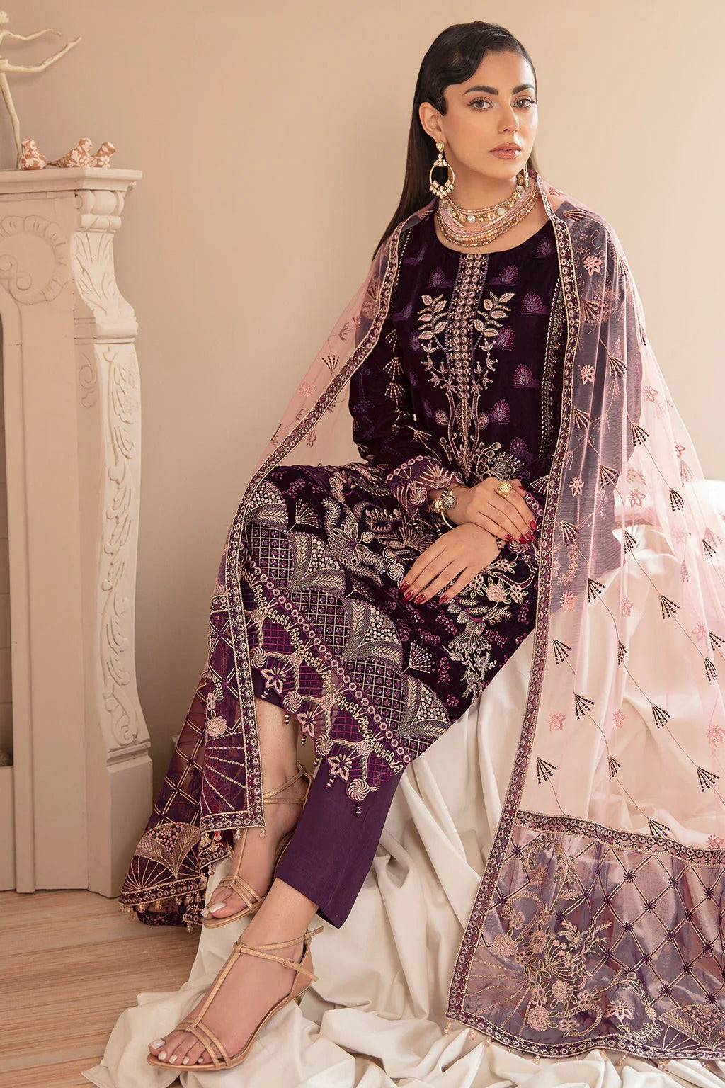 Plum Embroidered Velvet 3-Piece Suit | Net Dupatta & Raw Silk Trouser – Stitched Pakistani Winter Luxury Formal UK | Velvet Vol 5 V-505 - View 3