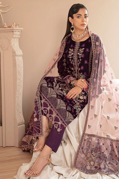 Plum Embroidered Velvet 3-Piece Suit | Net Dupatta & Raw Silk Trouser – Stitched Pakistani Winter Luxury Formal UK | Velvet Vol 5 V-505 - View 3