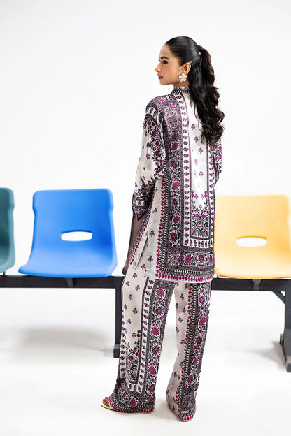 White Digital Printed Silk 2-Piece Co-ord Set | Shirt & Straight Pants – Readymade Pakistani Casual Chic UK | AP-113 - View 3