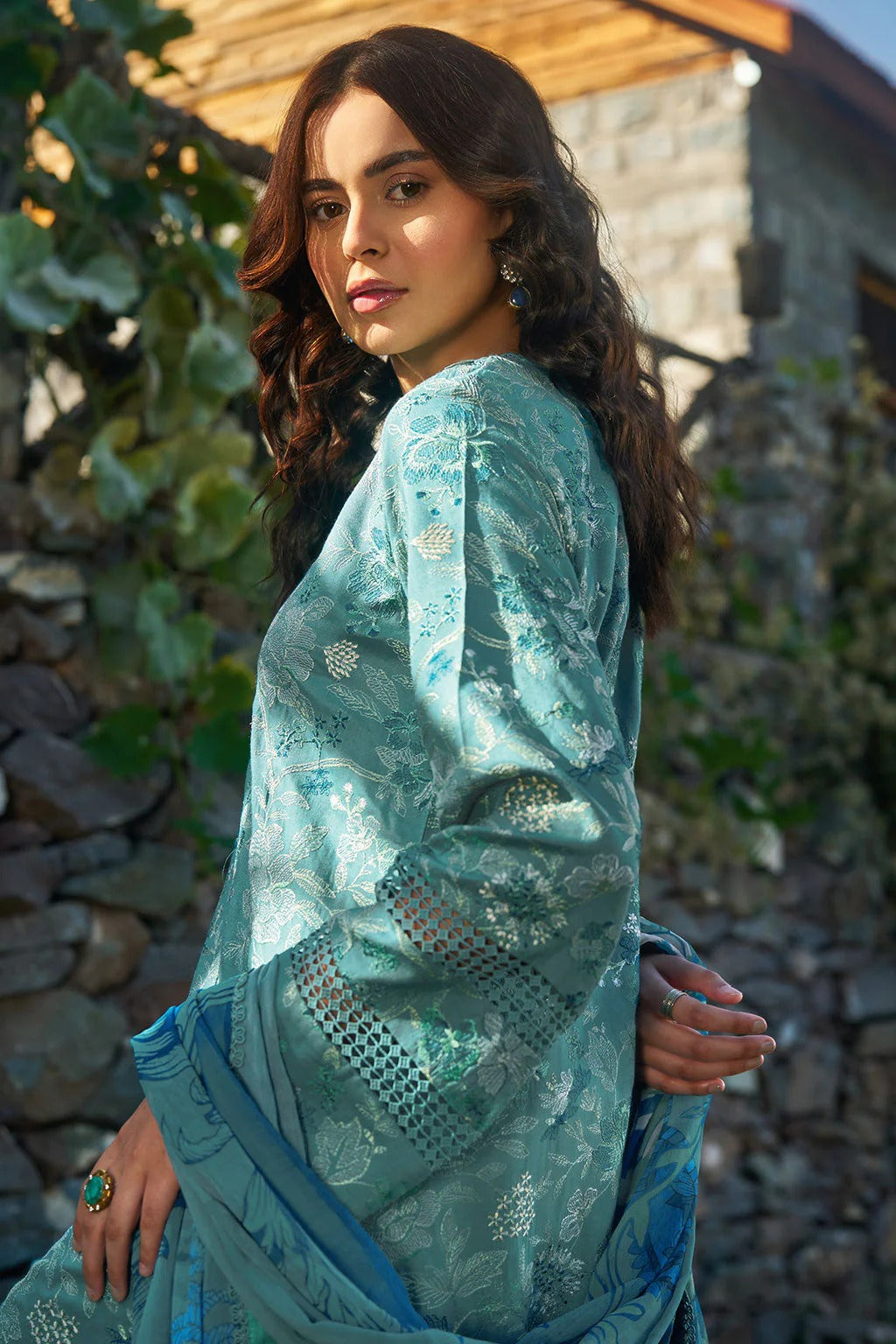 Sea Green Textured Floral Viscose 3-Piece Suit | Lace Trims & Chiffon Dupatta – Stitched Pakistani Winter Casual Dress UK | Viscose Vol 7 J-701 - View 3