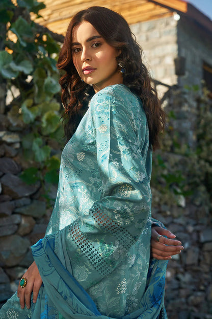 Sea Green Textured Floral Viscose 3-Piece Suit | Lace Trims & Chiffon Dupatta – Stitched Pakistani Winter Casual Dress UK | Viscose Vol 7 J-701 - View 3