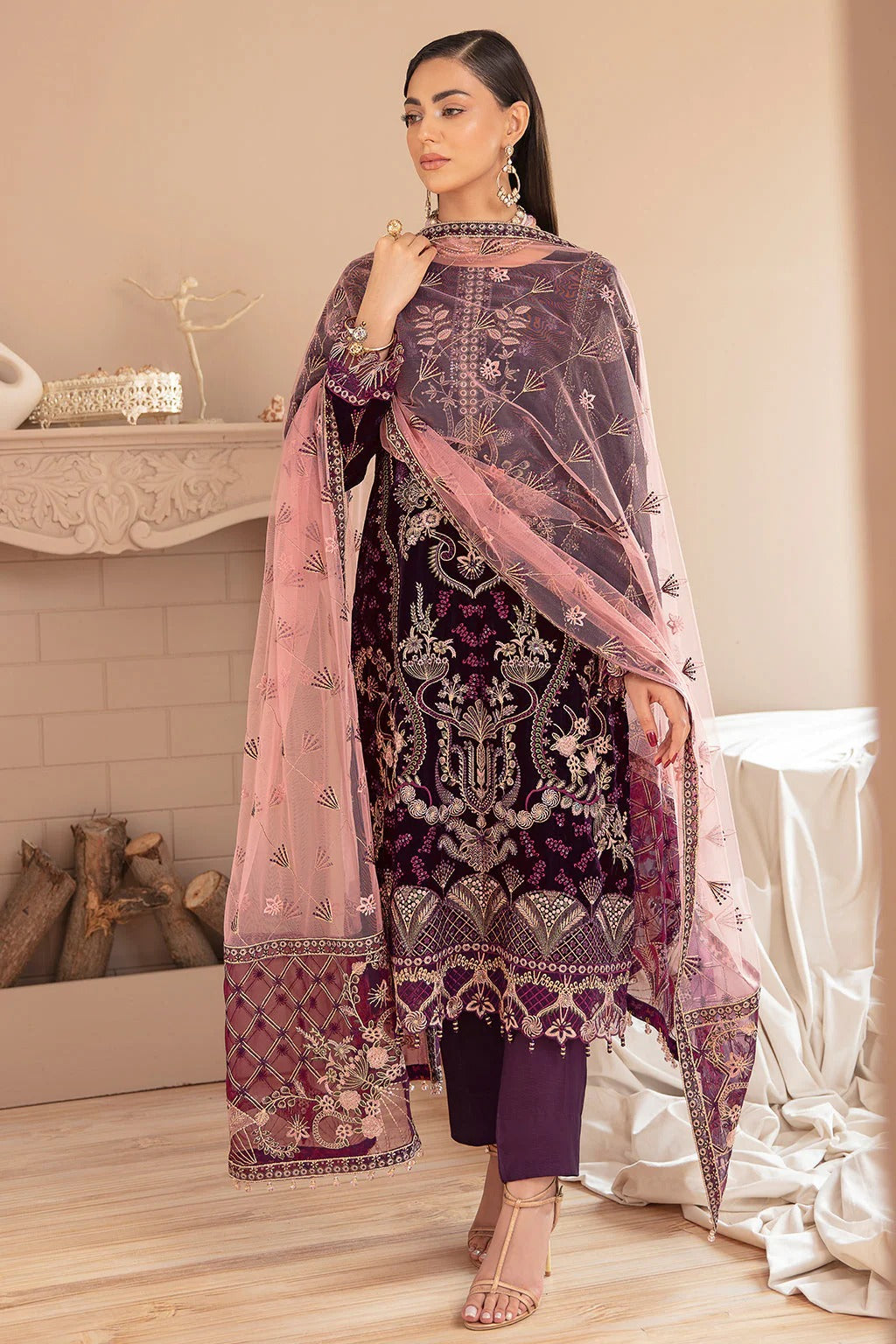 Plum Embroidered Velvet 3-Piece Suit | Net Dupatta & Raw Silk Trouser – Stitched Pakistani Winter Luxury Formal UK | Velvet Vol 5 V-505 - View 4