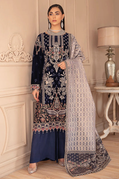 Navy Blue Embroidered Velvet 3-Piece Suit | Jacquard Woven Dupatta & Raw Silk Trouser – Readymade Pakistani Winter Luxury Formal UK | Velvet Vol 5 V-501 - View 3