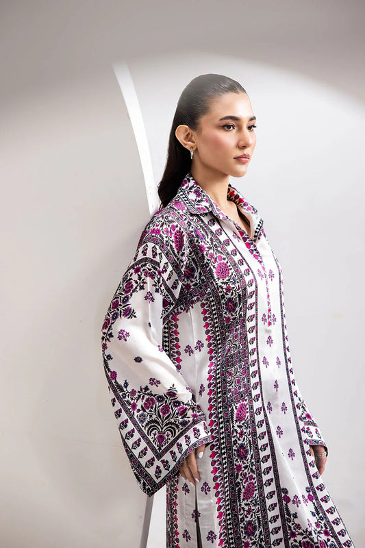White Digital Printed Silk 2-Piece Co-ord Set | Kurta & Straight Pants – Stitched Pakistani Casual Chic UK | AP-103 - View 1