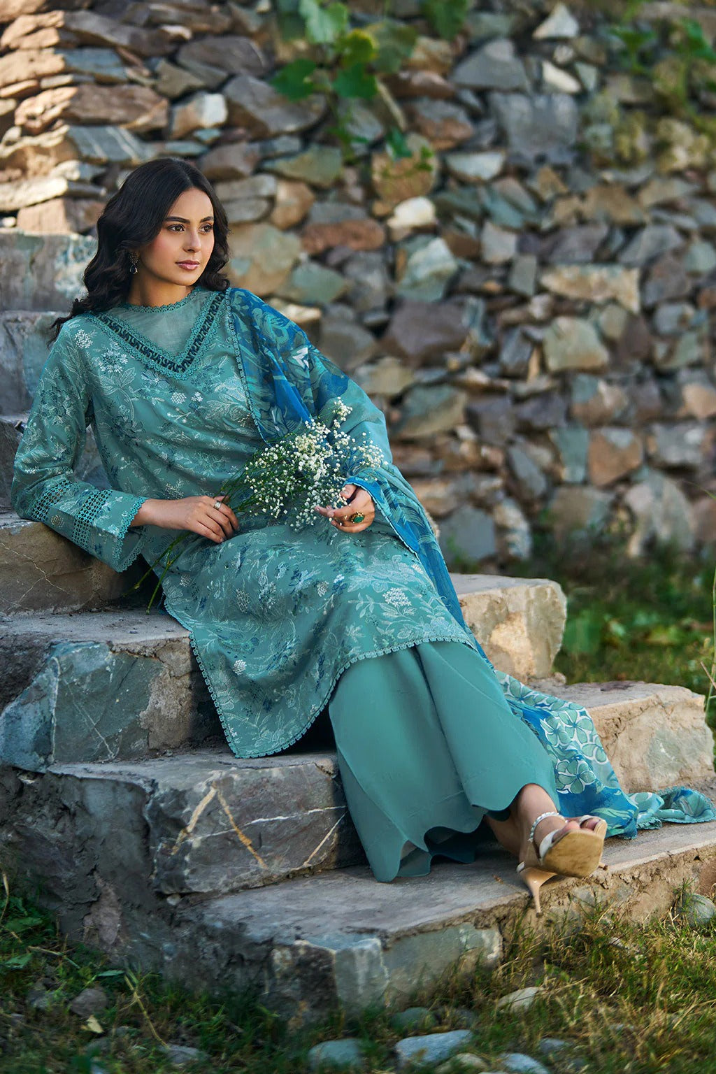 Sea Green Textured Floral Viscose 3-Piece Suit | Lace Trims & Chiffon Dupatta – Stitched Pakistani Winter Casual Dress UK | Viscose Vol 7 J-701 - View 4