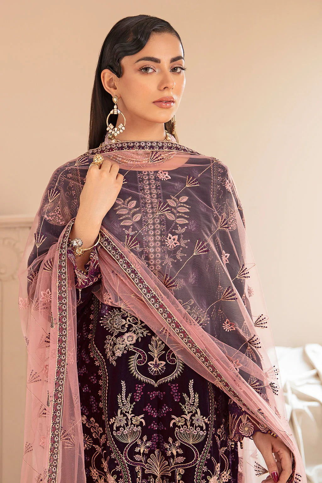Plum Embroidered Velvet 3-Piece Suit | Net Dupatta & Raw Silk Trouser – Stitched Pakistani Winter Luxury Formal UK | Velvet Vol 5 V-505 - View 5