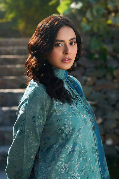 Sea Green Textured Floral Viscose 3-Piece Suit | Lace Trims & Chiffon Dupatta – Stitched Pakistani Winter Casual Dress UK | Viscose Vol 7 J-701 - View 5