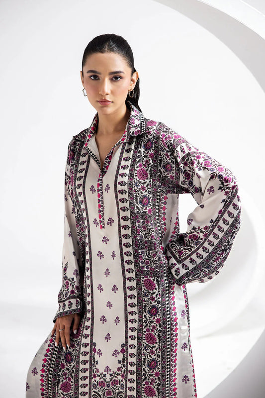 White Digital Printed Silk 2-Piece Co-ord Set | Kurta & Straight Pants – Stitched Pakistani Casual Chic UK | AP-103 - View 2