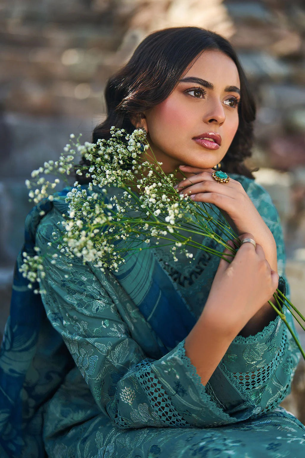 Sea Green Textured Floral Viscose 3-Piece Suit | Lace Trims & Chiffon Dupatta – Stitched Pakistani Winter Casual Dress UK | Viscose Vol 7 J-701 - View 6