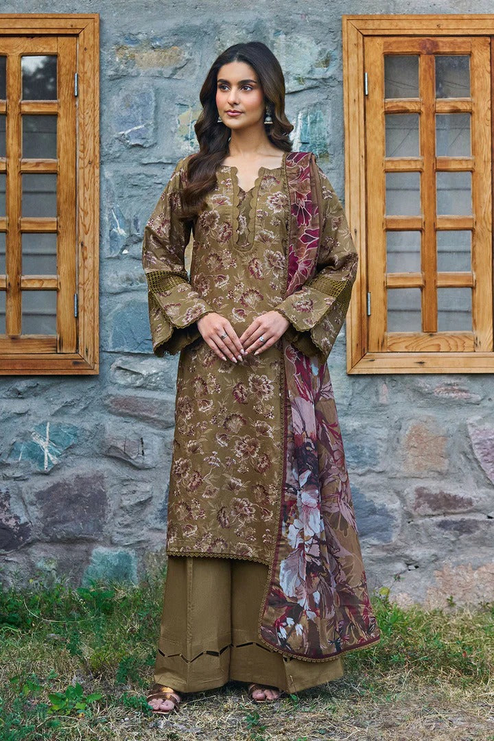 Olive Brown Floral Woven Viscose 3-Piece Suit | Cutwork Lace & Chiffon Dupatta – Ready to Wear Pakistani Winter Dress UK | Viscose Vol 7 J-702 - View 1
