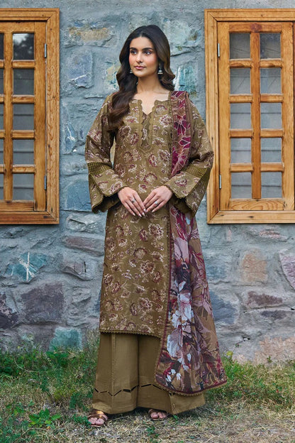 Olive Brown Floral Woven Viscose 3-Piece Suit | Cutwork Lace & Chiffon Dupatta – Ready to Wear Pakistani Winter Dress UK | Viscose Vol 7 J-702 - View 1