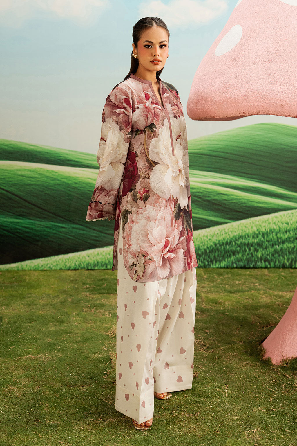 Pink Floral Printed Lawn 2-Piece Set | Kurta Shirt & Cream Trouser – Readymade Pakistani Everyday Casual Wear UK | Basic Prints AB-405 - View 3