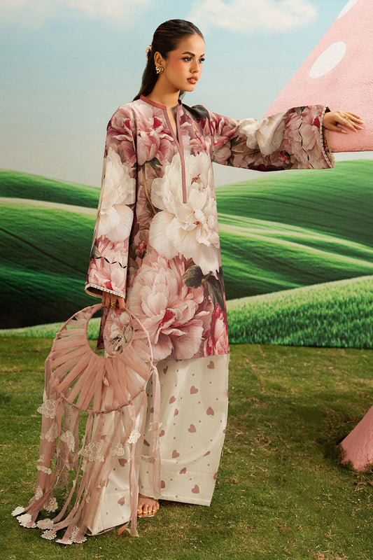Pink Floral Printed Lawn 2-Piece Set | Kurta Shirt & Cream Trouser – Readymade Pakistani Everyday Casual Wear UK | Basic Prints AB-405 - View 1